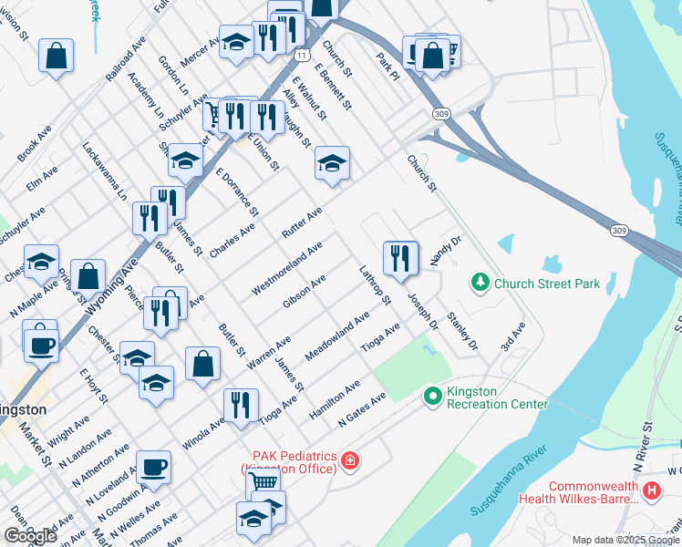 map of restaurants, bars, coffee shops, grocery stores, and more near 629 Gibson Avenue in Kingston