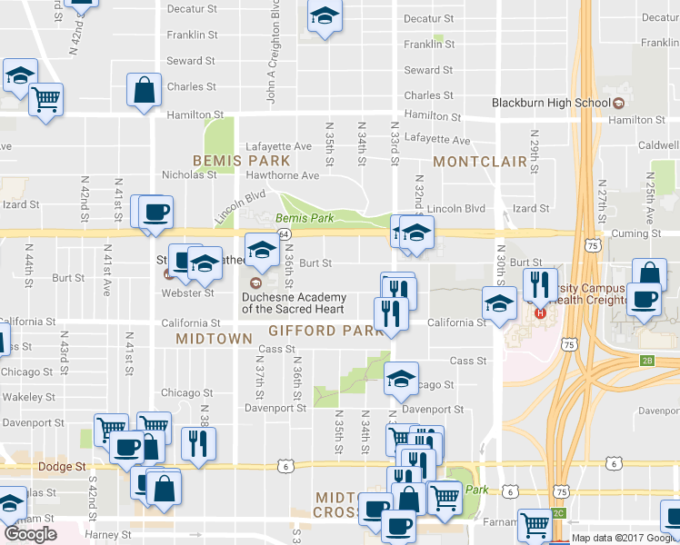 map of restaurants, bars, coffee shops, grocery stores, and more near 3415 Burt Street in Omaha