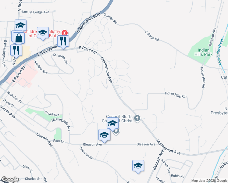 map of restaurants, bars, coffee shops, grocery stores, and more near 1405 McPherson Avenue in Council Bluffs