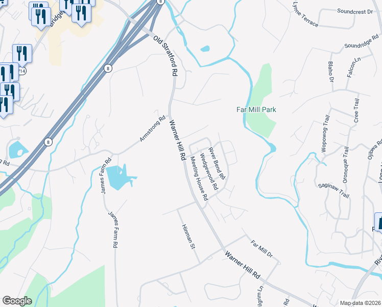 map of restaurants, bars, coffee shops, grocery stores, and more near 84 River Bend Road in Stratford