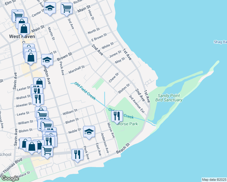 map of restaurants, bars, coffee shops, grocery stores, and more near 160 3rd Avenue in West Haven
