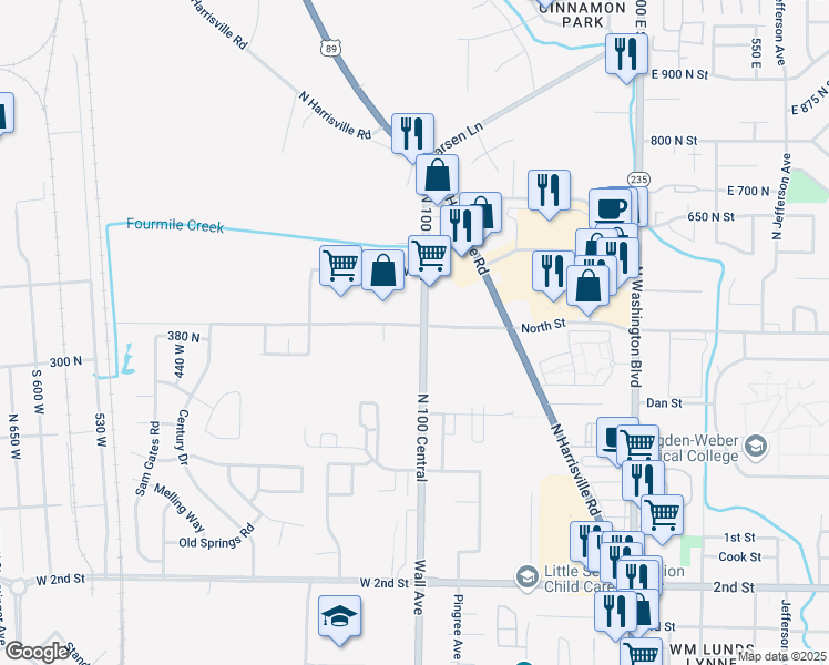 map of restaurants, bars, coffee shops, grocery stores, and more near 393 North Wall Avenue in Ogden