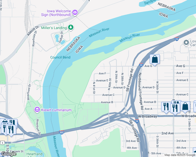 map of restaurants, bars, coffee shops, grocery stores, and more near 4048 Avenue E in Council Bluffs