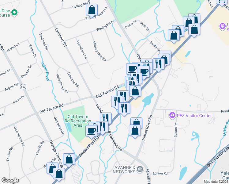 map of restaurants, bars, coffee shops, grocery stores, and more near 58 Old Tavern Road in Orange