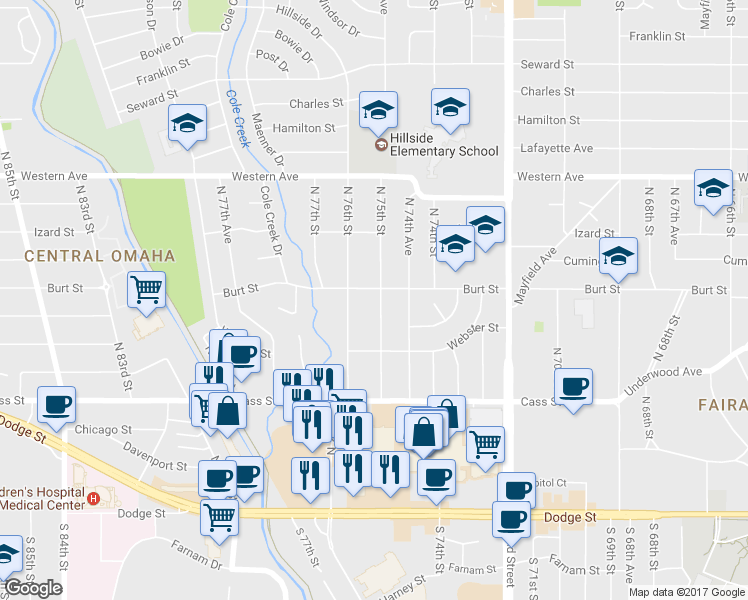 map of restaurants, bars, coffee shops, grocery stores, and more near 748 North 75th Street in Omaha