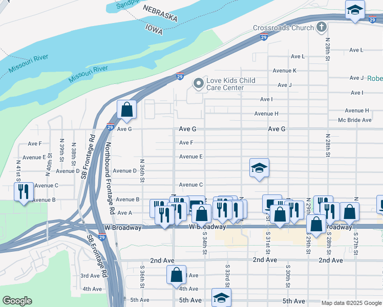 map of restaurants, bars, coffee shops, grocery stores, and more near 3430 Avenue E in Council Bluffs