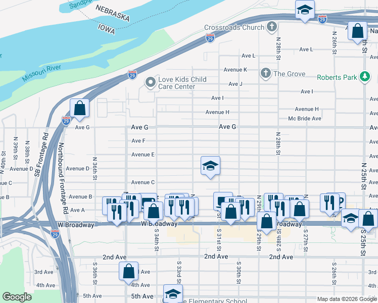 map of restaurants, bars, coffee shops, grocery stores, and more near 3200 Avenue E in Council Bluffs