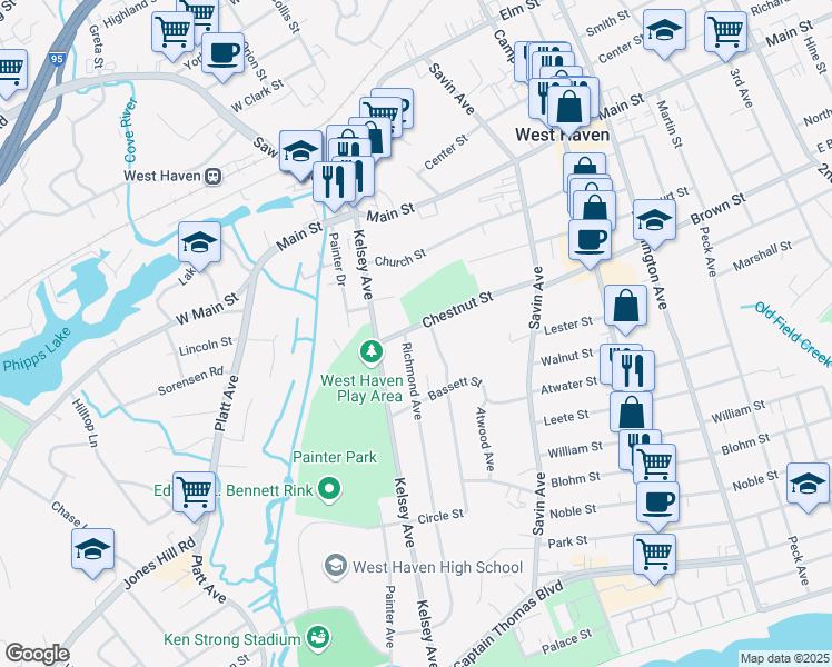 map of restaurants, bars, coffee shops, grocery stores, and more near 104 Chestnut Street in West Haven