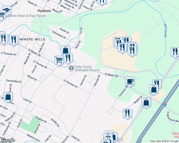map of restaurants, bars, coffee shops, grocery stores, and more near 477 Fox Hill Road in Wilkes-Barre