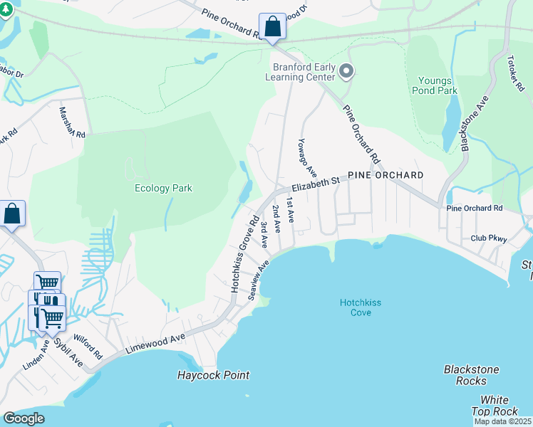 map of restaurants, bars, coffee shops, grocery stores, and more near 34 2nd Avenue in Branford