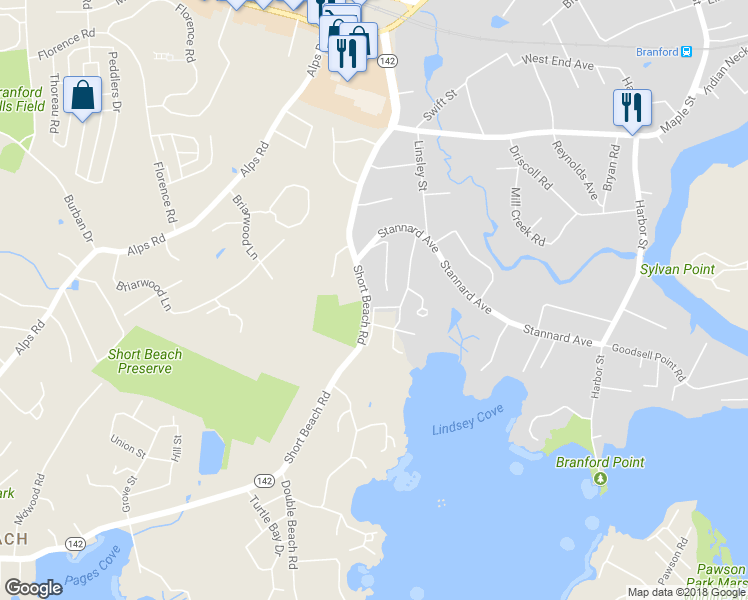 map of restaurants, bars, coffee shops, grocery stores, and more near 114 Short Beach Road in Branford