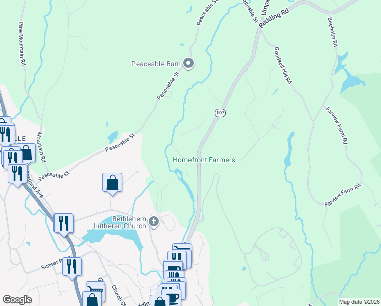 map of restaurants, bars, coffee shops, grocery stores, and more near 129 Redding Road in Redding