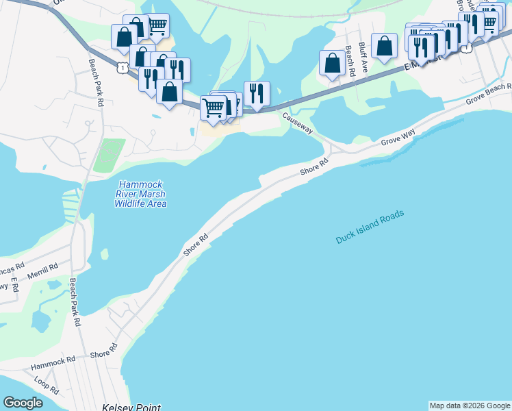 map of restaurants, bars, coffee shops, grocery stores, and more near 139 Shore Road in Clinton