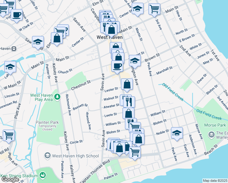 map of restaurants, bars, coffee shops, grocery stores, and more near 42 Lester Street in West Haven
