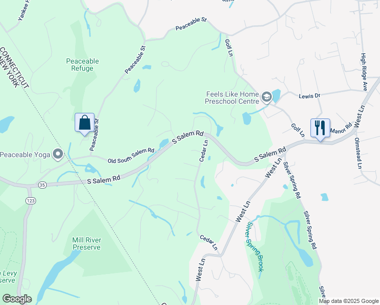 map of restaurants, bars, coffee shops, grocery stores, and more near 111 Cedar Lane in Ridgefield