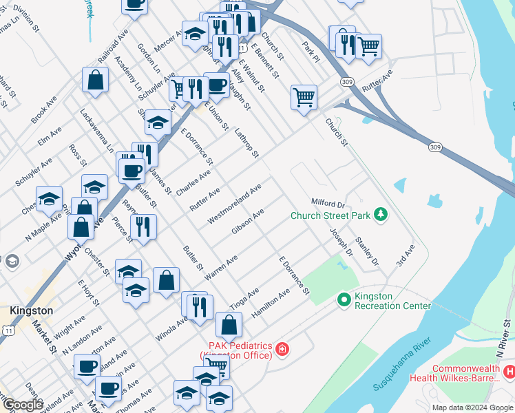 map of restaurants, bars, coffee shops, grocery stores, and more near 174 East Dorrance Street in Kingston