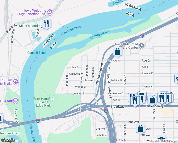 map of restaurants, bars, coffee shops, grocery stores, and more near 506 North 39th Street in Council Bluffs