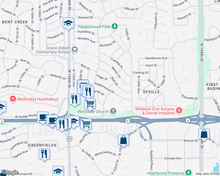map of restaurants, bars, coffee shops, grocery stores, and more near 15222 Pepperwood Drive in Omaha