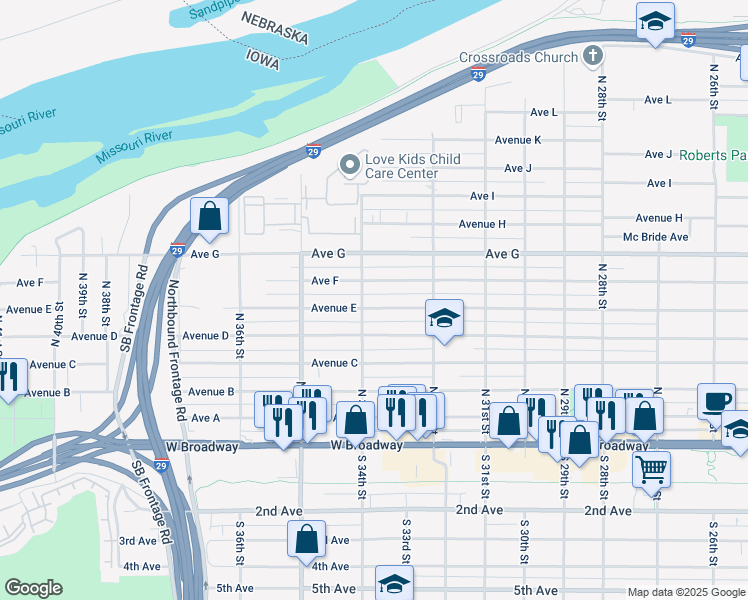 map of restaurants, bars, coffee shops, grocery stores, and more near 3400 Avenue E in Council Bluffs