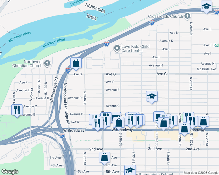 map of restaurants, bars, coffee shops, grocery stores, and more near 3442 Avenue E in Council Bluffs