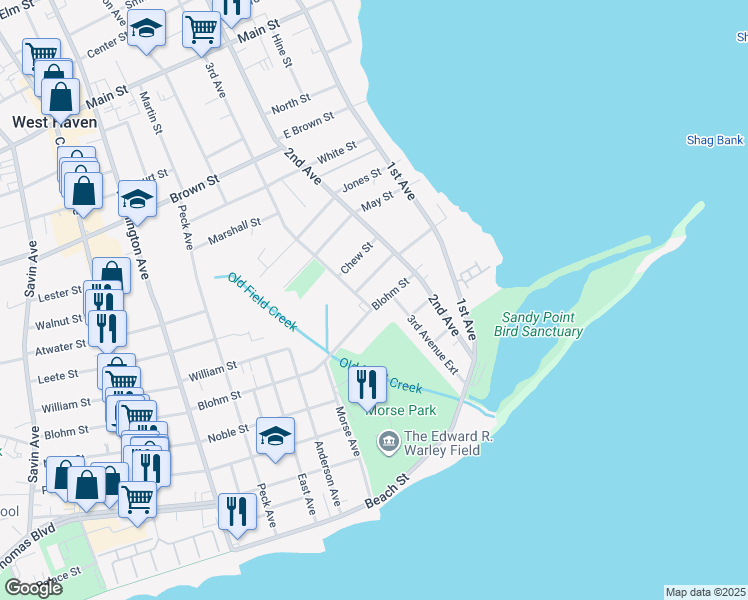 map of restaurants, bars, coffee shops, grocery stores, and more near 53 Blohm Street in West Haven
