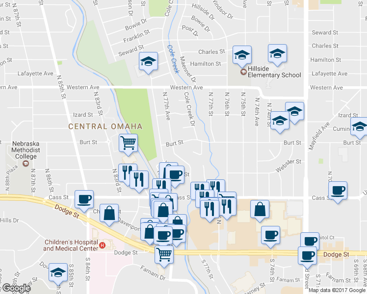 map of restaurants, bars, coffee shops, grocery stores, and more near 7739 Burt St in Omaha