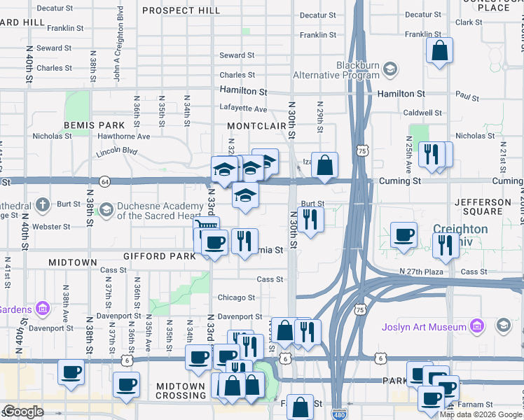 map of restaurants, bars, coffee shops, grocery stores, and more near 3031 Burt Street in Omaha
