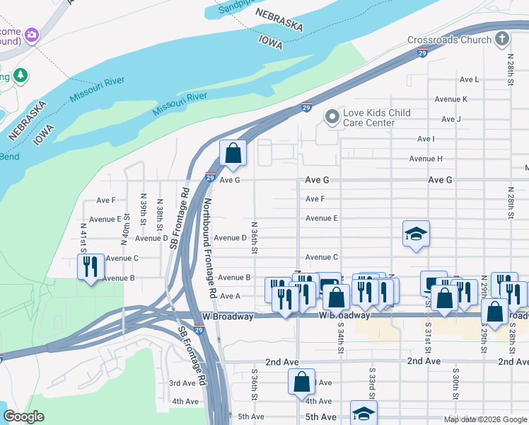 map of restaurants, bars, coffee shops, grocery stores, and more near 3534 Avenue E in Council Bluffs