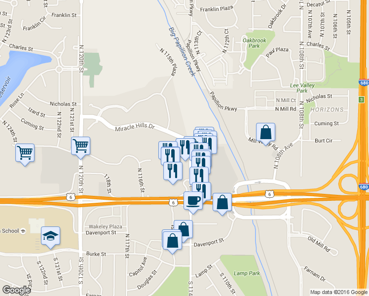 map of restaurants, bars, coffee shops, grocery stores, and more near 798 N 114th St in Omaha