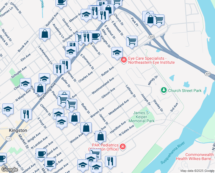 map of restaurants, bars, coffee shops, grocery stores, and more near 174 East Dorrance Street in Kingston