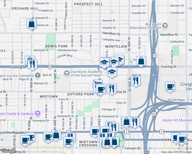 map of restaurants, bars, coffee shops, grocery stores, and more near 3317 Burt Street in Omaha