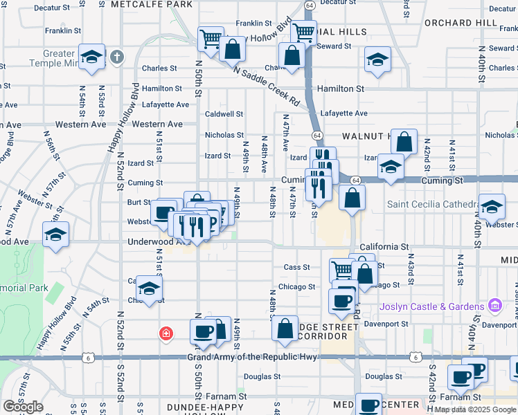 map of restaurants, bars, coffee shops, grocery stores, and more near 4809 Burt Street in Omaha