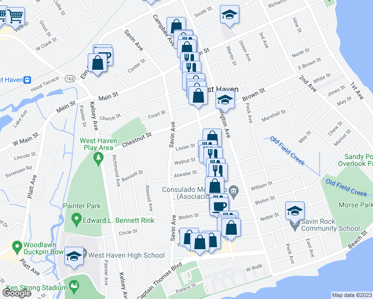 map of restaurants, bars, coffee shops, grocery stores, and more near 42 Lester Street in West Haven