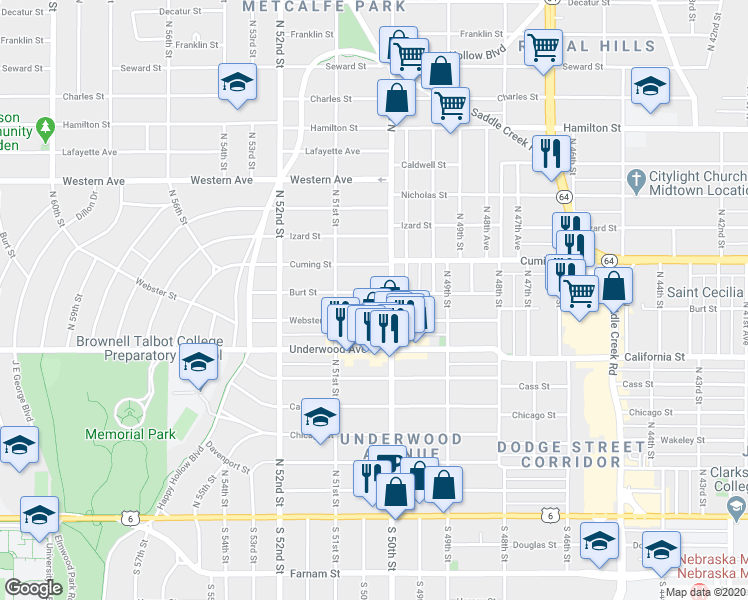 map of restaurants, bars, coffee shops, grocery stores, and more near 5007 Burt Street in Omaha