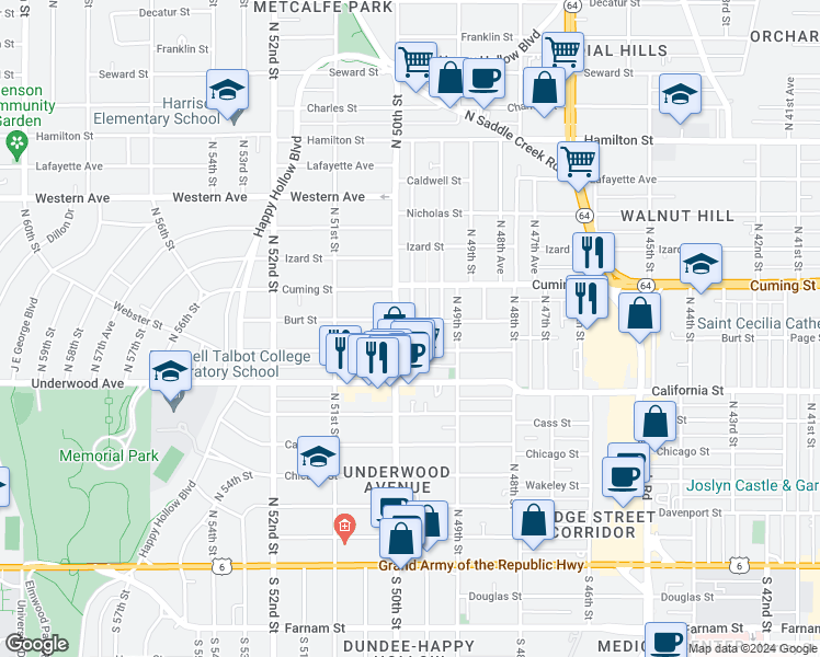 map of restaurants, bars, coffee shops, grocery stores, and more near 4919 Burt Street in Omaha