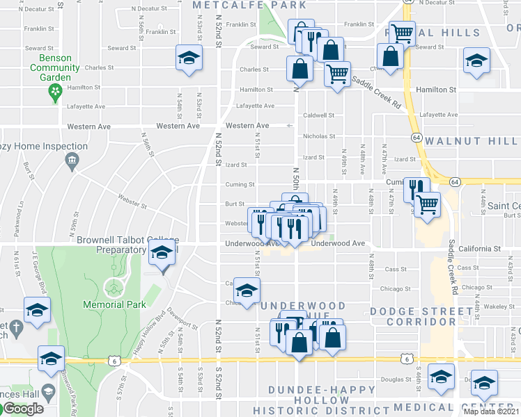map of restaurants, bars, coffee shops, grocery stores, and more near 5023 Burt Street in Omaha