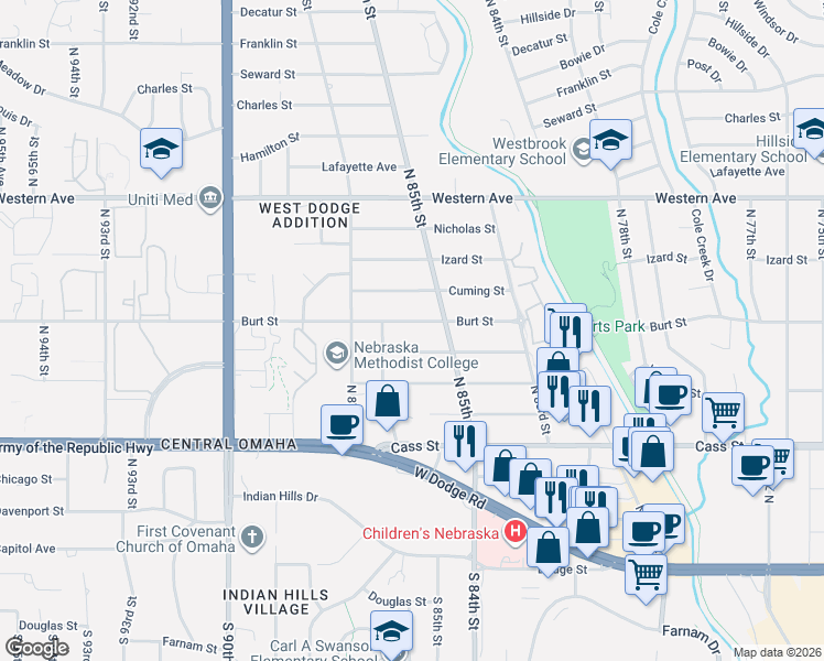 map of restaurants, bars, coffee shops, grocery stores, and more near 8509 Burt Street in Omaha