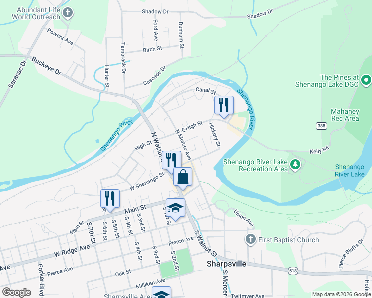 map of restaurants, bars, coffee shops, grocery stores, and more near 142 North Mercer Avenue in Sharpsville