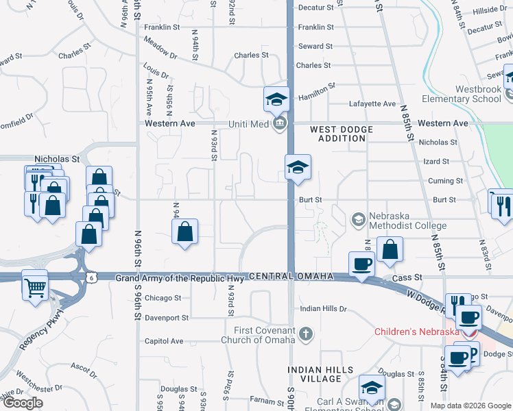 map of restaurants, bars, coffee shops, grocery stores, and more near 9045 Burt Street in Omaha