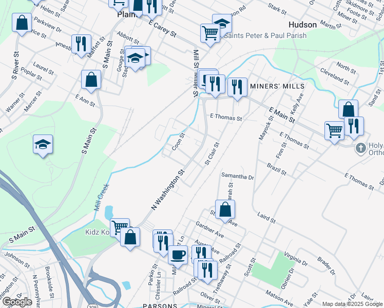 map of restaurants, bars, coffee shops, grocery stores, and more near 24 West Beatty Street in Wilkes-Barre