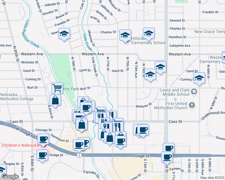 map of restaurants, bars, coffee shops, grocery stores, and more near 7617 Burt Street in Omaha