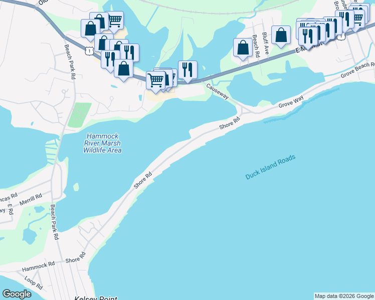 map of restaurants, bars, coffee shops, grocery stores, and more near 139 Shore Road in Clinton