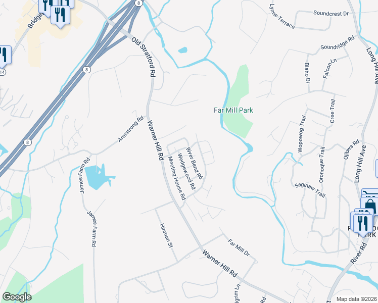 map of restaurants, bars, coffee shops, grocery stores, and more near 83 River Bend Road in Stratford