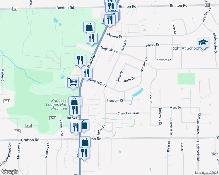 map of restaurants, bars, coffee shops, grocery stores, and more near Beverly Hills Drive in Brunswick