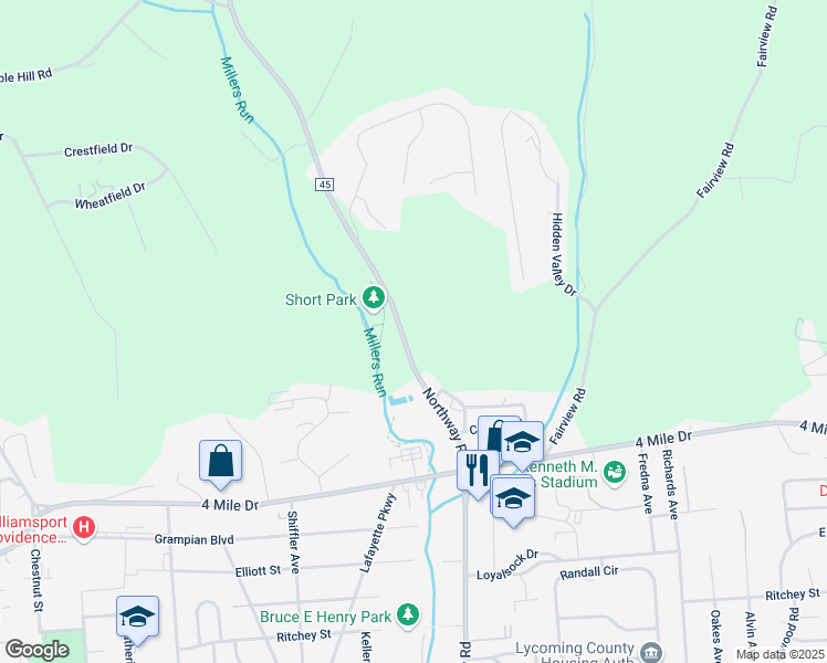 map of restaurants, bars, coffee shops, grocery stores, and more near 2136 Northway Road in Williamsport
