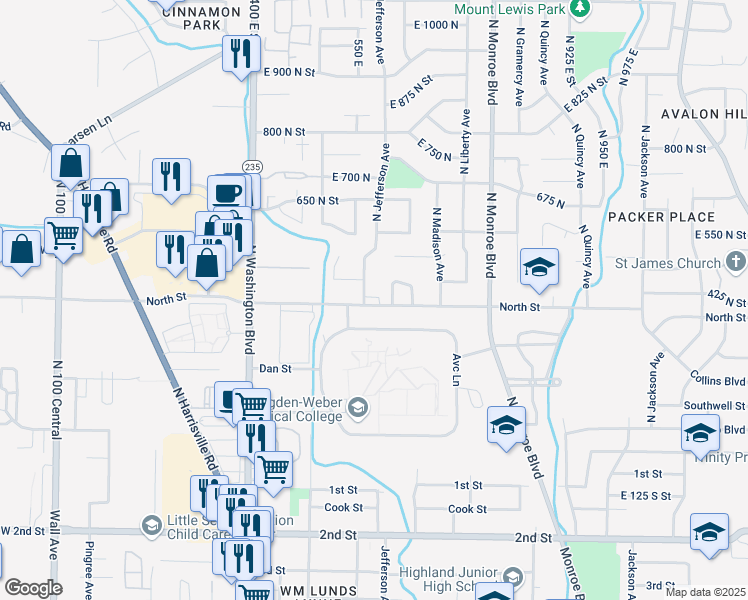 map of restaurants, bars, coffee shops, grocery stores, and more near 550 North Street in Ogden