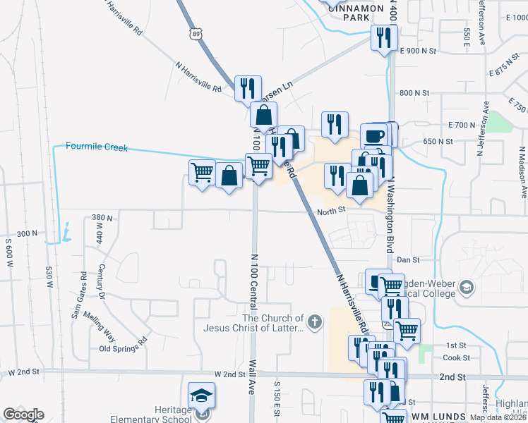 map of restaurants, bars, coffee shops, grocery stores, and more near 155 North Street in Ogden
