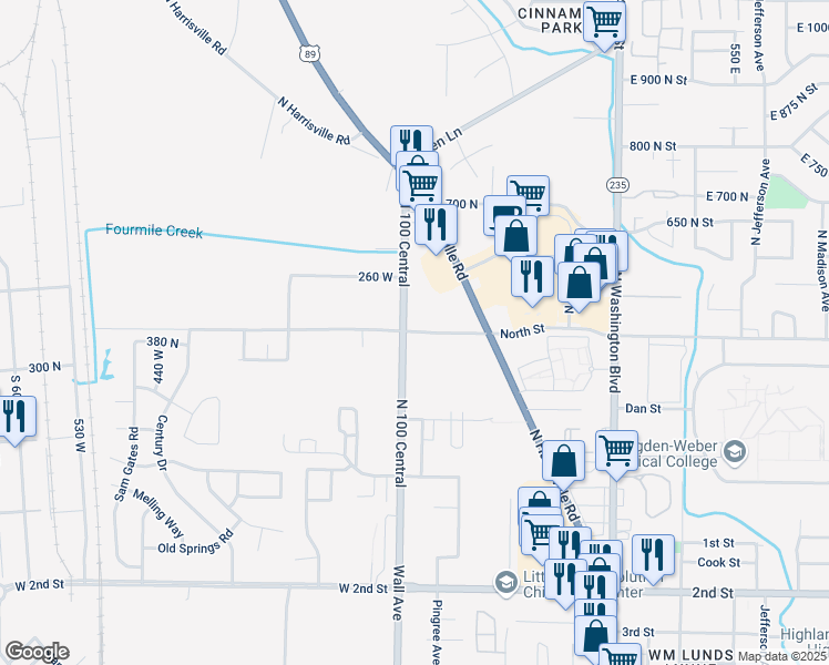 map of restaurants, bars, coffee shops, grocery stores, and more near 393 North Wall Avenue in Ogden