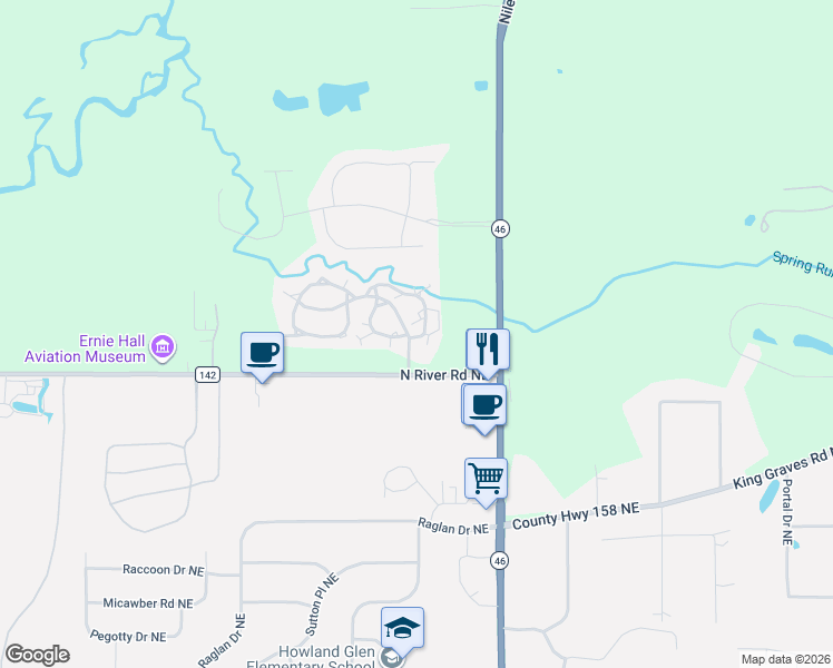 map of restaurants, bars, coffee shops, grocery stores, and more near 107 North Aspen Court in Warren