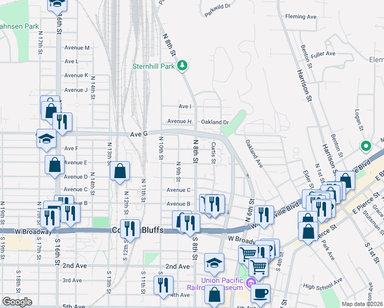 map of restaurants, bars, coffee shops, grocery stores, and more near 512 North 8th Street in Council Bluffs